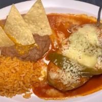 1 Chile Relleno W/Rice & Beans · 1 Chile relleno (Stuffed with cheese Pasilla pepper). Includes rice, beans and tortillas