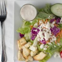 Garden Salad · Iceberg and romaine, shredded carrots, cabbage, croutons, cucumbers, grape tomatoes, mozzare...