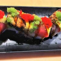 Mariners Roll · Inside: Shrimp tempura, crab meat, cucumber Top: Eel, fresh tuna, avocado, and tobiko, layer...