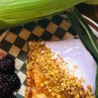 Marionberry Sweet Corn Pop Tart · Marionberry compote and sweet corn filling, topped with a marionberry glaze and cornbread cr...