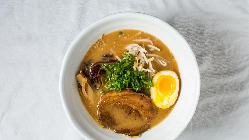 Miso Tonkotsu · Signature pork, broth miso. Scallion, Kikurage Mushroom, Bamboo, Bean Sprout, Seasoned Egg, Pork Char Siu, Wavy Noodles.