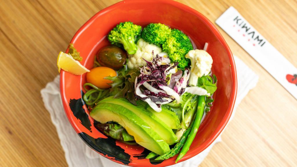 Vegetable Ramen · Vegetable broth. Seasoned Vegetables, Kale Noodles.