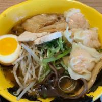 Shoyu Ramen With Shrimp Wonton · Pork & chicken broth soy sauce. Scallion, Kikurage Mushroom, Bamboo, Seasoned Egg, Pork Char...