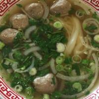 Phở Bò Viên · Rice Noodle Soup with Beef Meatballs.