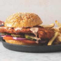 Chix Sandwich · Crispy chicken topped with pickles, romaine lettuce, sliced tomato, red onion and house-made...