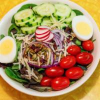 Spring Mix · Three color lettuce , cherry tomatoes , red onion & cucumbers with topping seeds.
Dressing c...