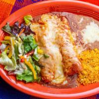 Rice & Avocado Enchiladas · Gluten-free. Two rice and avocado enchiladas smothered with ranchera sauce and melted cheese.