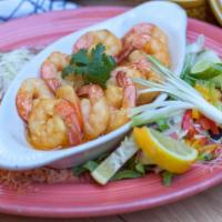 Shrimp Sonora · Gluten-free. Ten large shrimp sautéed in a garlic butter sauce.