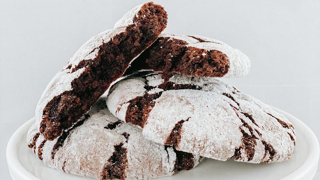 Crinkle Cookie · Chocolaty fudgey cookie with a powdered sugar top.
