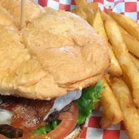Crumbled Blue Cheese And Bacon Burger (Standard) · 1/3 pound burger served on a grilled bun.