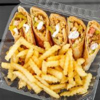 Chicken Arabi With Fries · Chicken shawarma Arabi. Wrapper in saj bread. Cut to small bite-size pieces and served on a ...