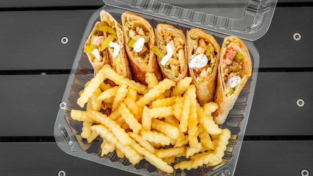 Chicken Arabi With Fries · Chicken shawarma Arabi. Wrapper in saj bread. Cut to small bite-size pieces and served on a bed of fries.