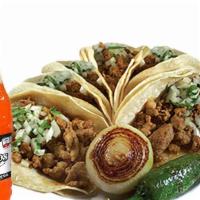 Combo #63 - 6 Tacos  · 6 Soft Street Tacos With Meat of Choice. Includes Favoritos® Soft Drink Available Flavors.