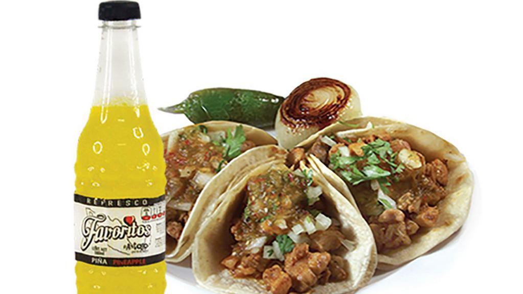 Combo #60 - 3 Tacos  · 3 Soft Street Tacos With Choice of Meat. Includes Favoritos® Soft Drink Available Flavors.