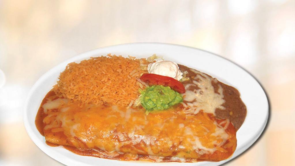 Burrito Plate  · with meat choice, beans, onions, cilantro, salsa, jack cheese. Chipotle sauce, topped with jack & cheddar cheese. with rice, beans, cream, guacamole
