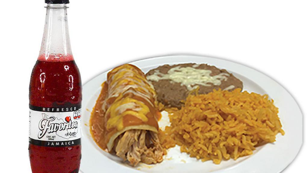 Kids' Enchilada Combo · Includes Favoritos® Soft Drink & the option of Fries or Rice & Beans.