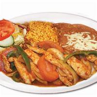 Pollo Chipotle · Spicy! Chicken breast strips, onions, tomato, red and green bell peppers in a spicy and very...