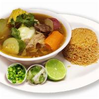 Caldo De Res · A Favorite! This Traditional Mexican stew is cooked with generous tender piece of beef, zucc...