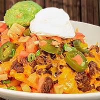 Carne Asada Fries · Potato Fries covered with refired beans, cane asada, cheddar and monterrey jack cheese, toma...