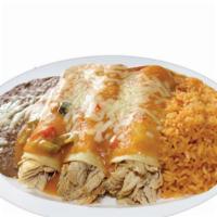  Enchiladas California (3) · Covered with a three pepper mild sauce, with monterrey and jack cheese.