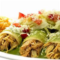 Enchiladas Mexicanas (3) · Covered with tomatillo sauce, mexican cheese tomatoes, lettuce and onions.