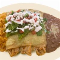 Enchiladas Poblanas  (3) · Covered with poblano sauce, Mexican cheese, sour cream, lettuce tomatoes.