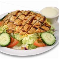 Chicken Salad · Served with grilled chicken, lettuce, tomatoes, cucumber, jack & cheddar cheese and ranch dr...
