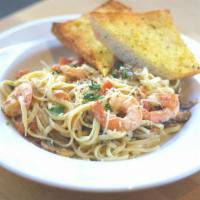 Prawn Linguine · Fresh linguini with sautéed prawns, mushrooms and diced tomatoes tossed with a creamy lemon ...