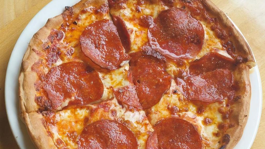 12' Pepperoni Pizza · Whole milk mozzarella cheese over a blanked of pepperoni