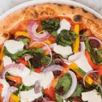 From The Garden · Vegetarian. Italian tomato sauce, fresh mozzarella, baby spinach, bell peppers, red onions, ...