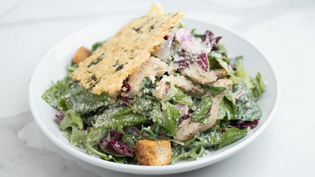 Caesar Roasted Chicken · Roasted chicken, ciabatta croutons and shredded Parmesan cheese, fresh crisp romaine, arugula & radicchio spring mix. . Served with Caesar dressing.. *Items are served raw or undercooked.  Consuming raw or undercooked eggs may increase your risk of foodborne illness*