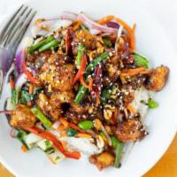 Kung Pow! Chicken Joy Bowl · Pan seared chicken tossed in a traditional spicy Kung Pao sauce with chiles, garlic, ginger ...