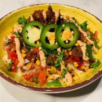 Spicy Chicken Bowl · Spicy chicken, cilantro rice, jack cheese, choice of Santa Fe black beans or charro pinto be...