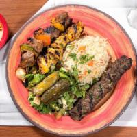 Mix Match · Any three kebab skewers with rice, spiced onions, tomatoes, hummus, and pickles. Served with...