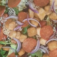 Italian Salad · Romaine lettuce, pepperoni, black olive, purple onion, tomato, mozzarella, croutons, Italian...