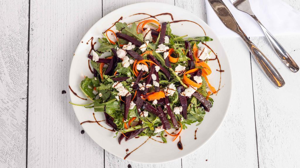 Roasted Beets Salad · (beets, arugula, goat cheese, carrots with olive oil and balsamic)
