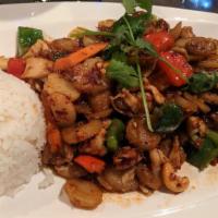 Spicy Chicken With Cashew Nuts · Spicy. Chicken stir-fried with onion, water chestnuts, bell peppers, carrots and cashews. Co...