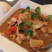 Massaman Curry · Potatoes, carrots, onions, peanuts, and massaman curry paste in coconut milk. Comes with sid...