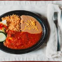 L9 Chile Relleno · Served with rice and beans.