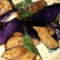 Basil Eggplants · Eggplants stir-fried with fresh basil in garlic sauce.