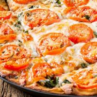 White Pizza · This Pie includes Olive Oil Instead of Pizza Sauce, Fresh Garlic, Sautéed Spinach, & Tomato ...