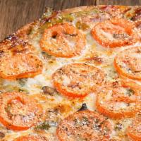 The Veggie Pizza · This Great tasting Pizza Includes Mushroom, Onion, Green Pepper w/ Sliced Tomato on Top!