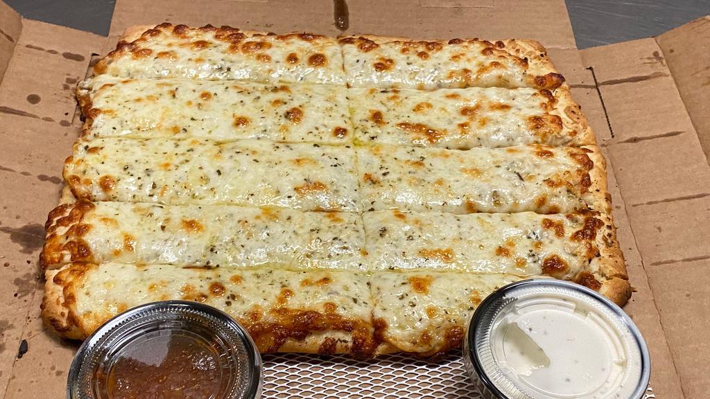 Cheesy Bread Sticks  · 12 Pieces of Cheesy Goodness, Topped with a bit of Romano cheese. Served with a side of ranch and side of marinara.