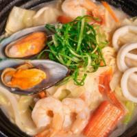Champon Seafood Ramen · Sea salt soup base (mild flavor), seafood infused-porkbone broth: mussels, shrimp, squid, ka...