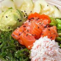 Yuzu Salmon Bowl (Sesame) · Signature dish! Salmon, Red Onions, Yuzu Ponzu sauce, Surimi Crab, Seaweed Salad, Cucumber, ...