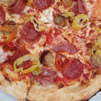 Butcher Block · Packed with pepperoni, sausage, prosciutto, cheese blend, San Marzano tomato sauce, and fini...
