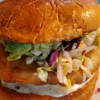 Francis Fish Sandwich · bear battered cod, napa slaw, tartar sauce,
smashed avocado, brioche bun