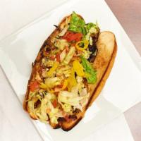 Veggie Steak · Provolone, tri-color bell peppers, tin cup grilled onions, mushrooms, banana peppers, with l...