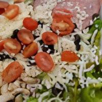 Antipasto Salad · Romaine lettuce, ham, pepperoni, green peppers, mushrooms, olives, cherry tomatoes, mozzarella