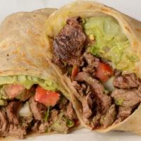 Burrito Carne Asada · Filled with carne asada, accompanied with rice and beans then garnished with pico de gallo, ...